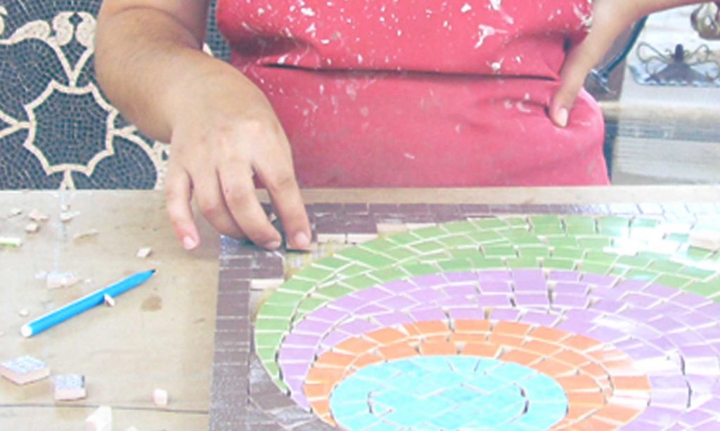 Mosaic tile design process, glueing tiles